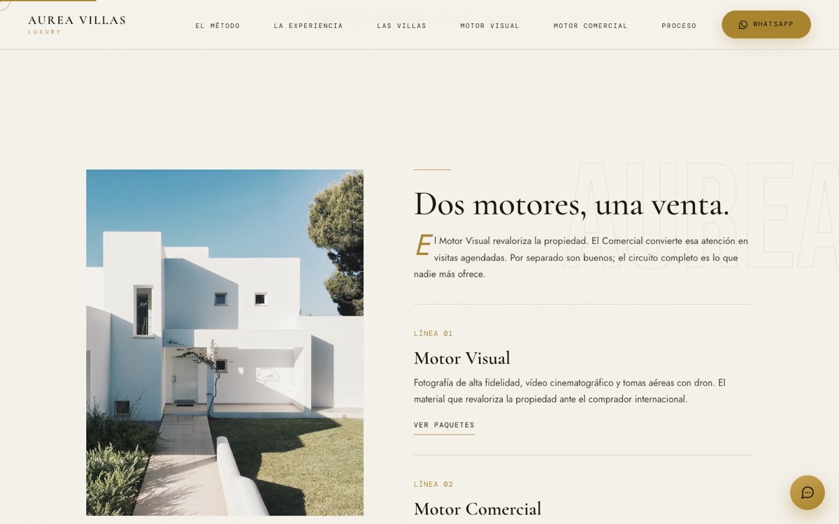 Sección Dos motores, una venta, de Aurea Villas: fotografía de una villa blanca y las dos líneas, motor visual y motor comercial, sobre fondo claro.