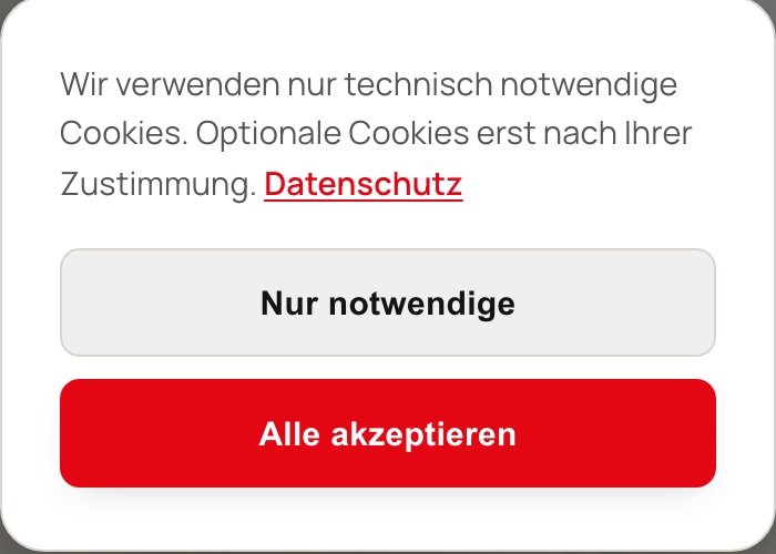 Recorte del aviso de cookies de ReDirect: solo cookies técnicamente necesarias, con el botón de aceptar solo las necesarias.