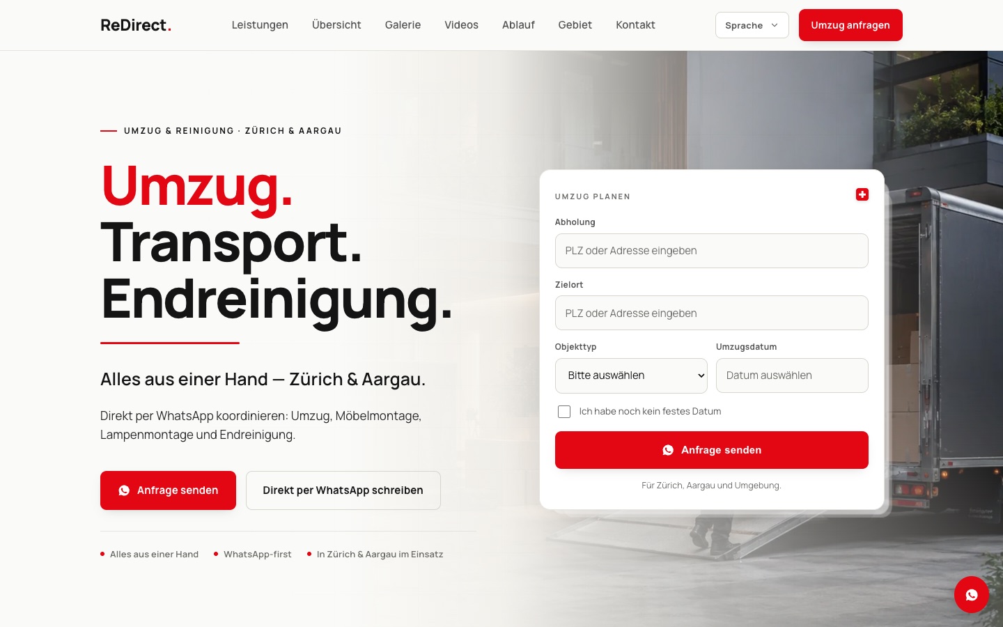 Portada de ReDirect en un ordenador: titular Umzug, Transport, Endreinigung sobre una fotografía de mudanza y el formulario de solicitud a la derecha.